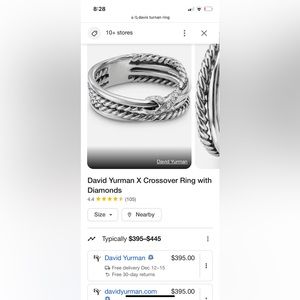 David Yurman crossover ring with diamonds women's size 9